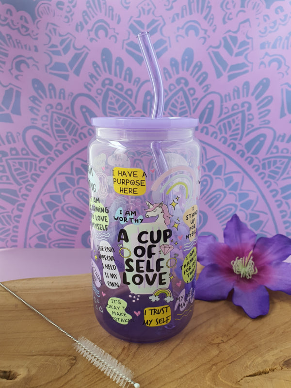 Drinkglas (blikvormige tumbler) met kunststof deksel en rietje &