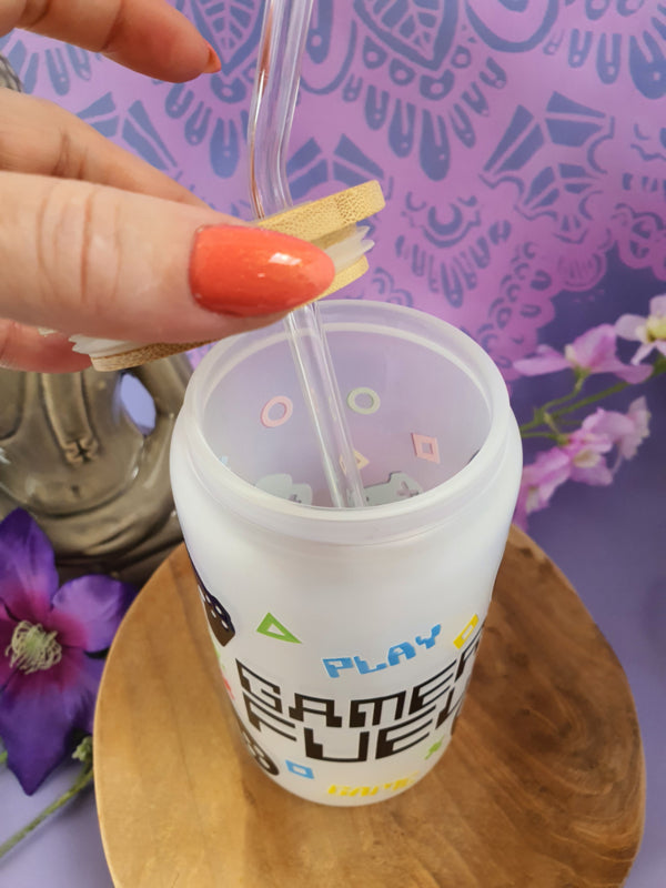 Drinkglas (blikvormige tumbler) met Bamboe deksel en rietje &