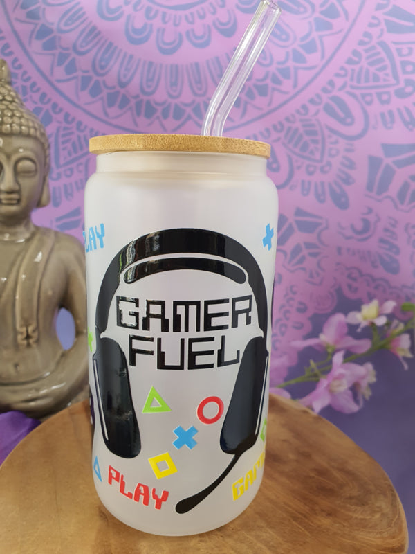 Drinkglas (blikvormige tumbler) met Bamboe deksel en rietje &