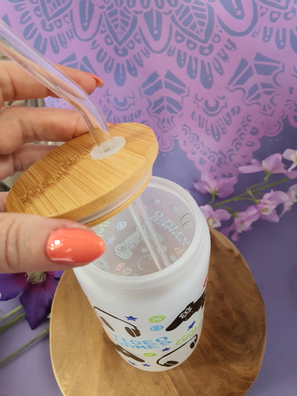 Drinkglas (blikvormige tumbler) met Bamboe deksel en rietje &