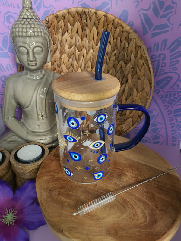 Drinkglas met handvat, bamboe deksel en rietje &