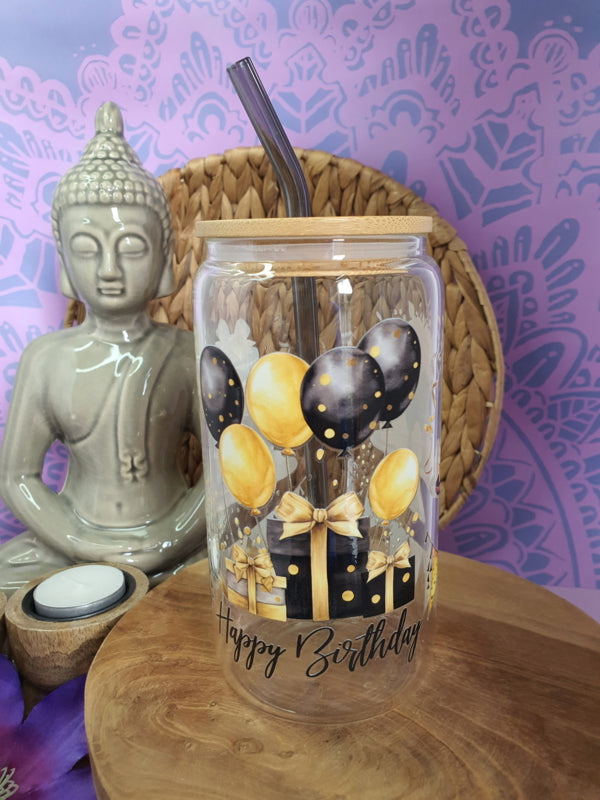 Drinkglas (blikvormige tumbler) met bamboe deksel en rietje &