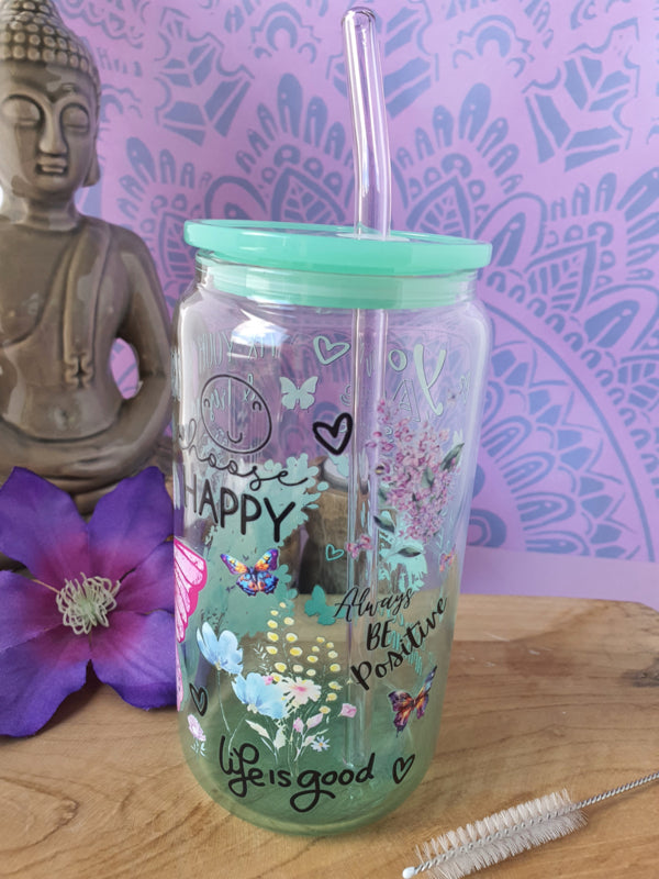 Drinkglas (blikvormige tumbler) met kunststof deksel en rietje &