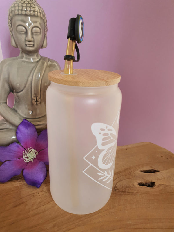 Drinkglas (blikvormige tumbler) met bamboe deksel en rietje &