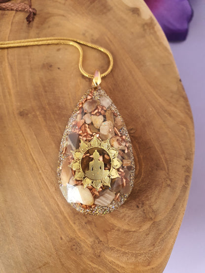 Orgonite hanger Versteend hout met Bergkristal Diamant druppel 30x50mm 925 gold plated oogje (nr 1)