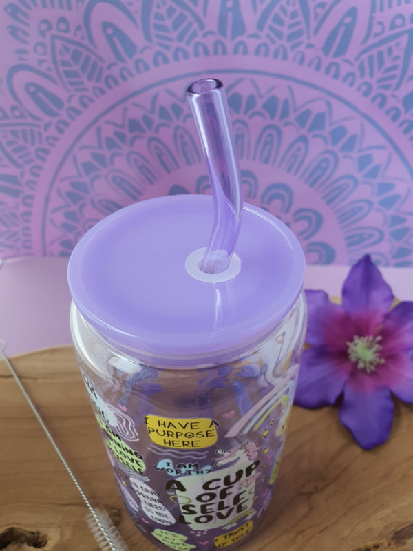 Drinkglas (blikvormige tumbler) met kunststof deksel en rietje &