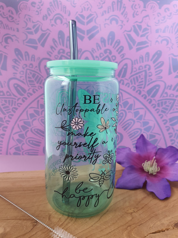 Drinkglas (blikvormige tumbler) met kunststof deksel en rietje &
