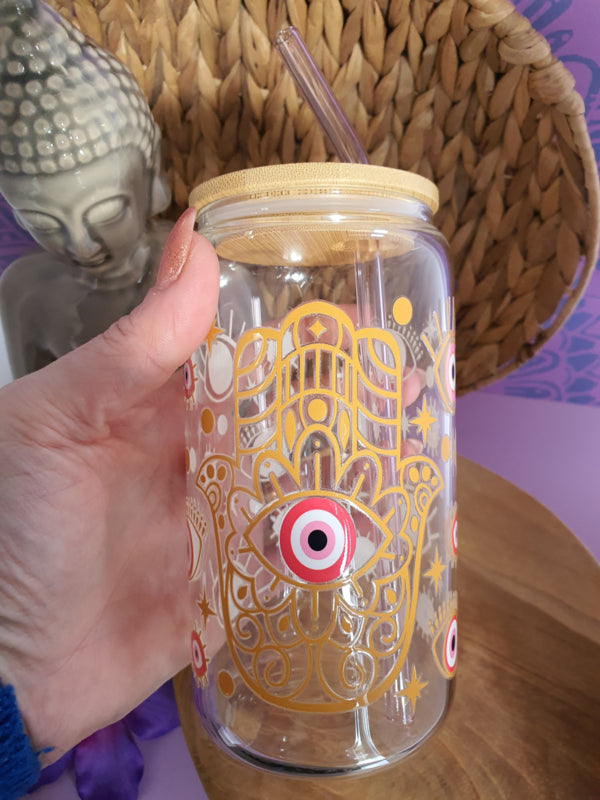 Drinkglas (blikvormige tumbler) met bamboe deksel en rietje &