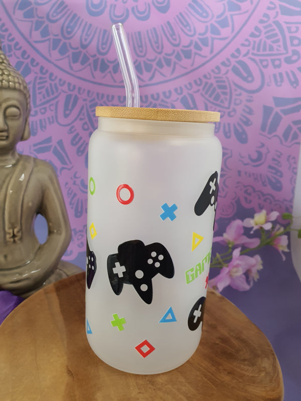 Drinkglas (blikvormige tumbler) met Bamboe deksel en rietje &