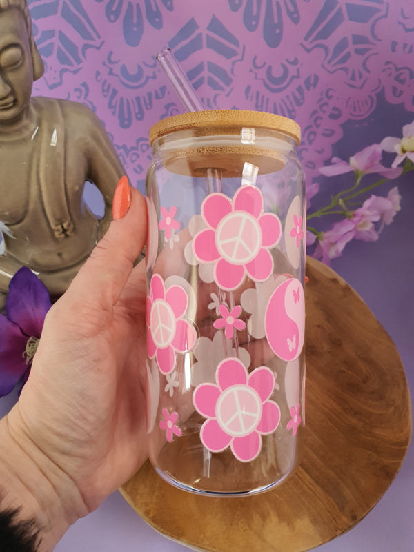 Drinkglas (blikvormige tumbler) met Bamboe deksel en rietje &