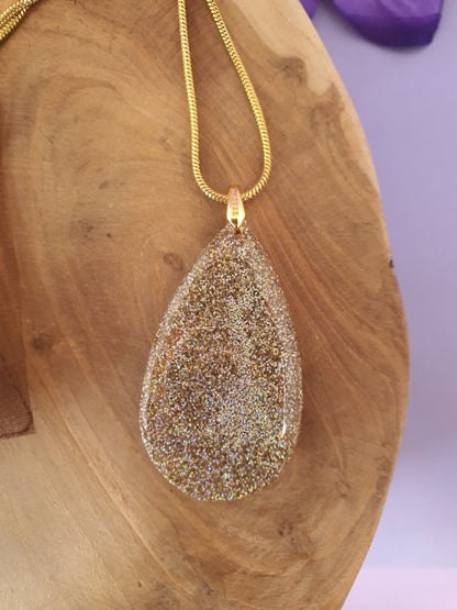 Orgonite hanger Versteend hout met Bergkristal Diamant druppel 30x50mm 925 gold plated oogje (nr 1)