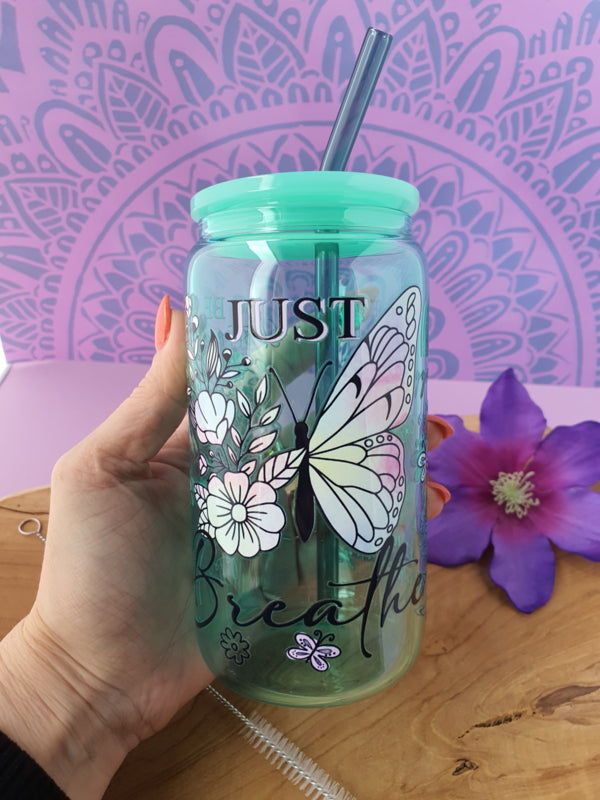Drinkglas (blikvormige tumbler) met kunststof deksel en rietje &