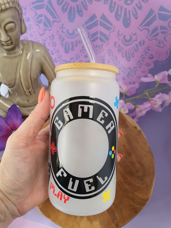 Drinkglas (blikvormige tumbler) met Bamboe deksel en rietje &
