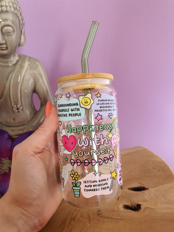 Drinkglas (blikvormige tumbler) met Bamboe deksel en rietje &