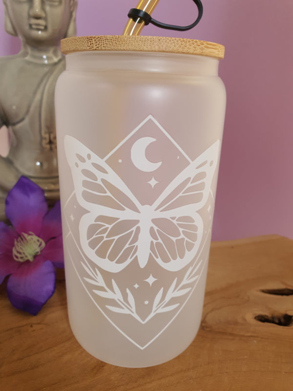 Drinkglas (blikvormige tumbler) met bamboe deksel en rietje &