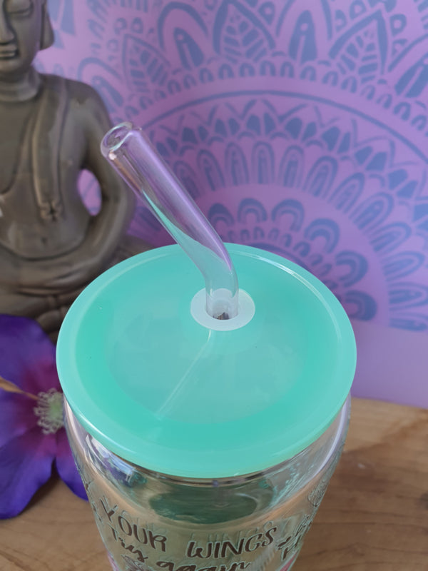 Drinkglas (blikvormige tumbler) met kunststof deksel en rietje &