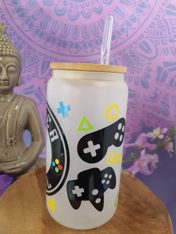 Drinkglas (blikvormige tumbler) met Bamboe deksel en rietje &