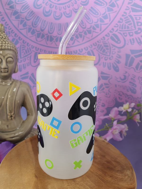 Drinkglas (blikvormige tumbler) met Bamboe deksel en rietje &