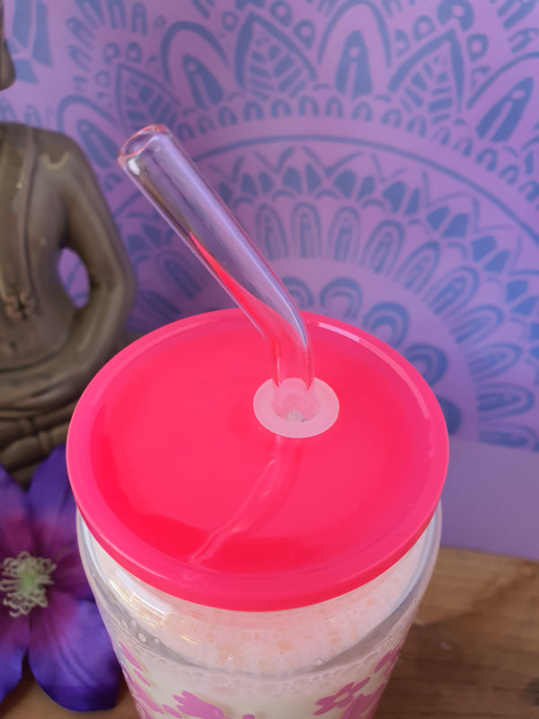 Drinkglas (blikvormige tumbler) met kunststof deksel en rietje &