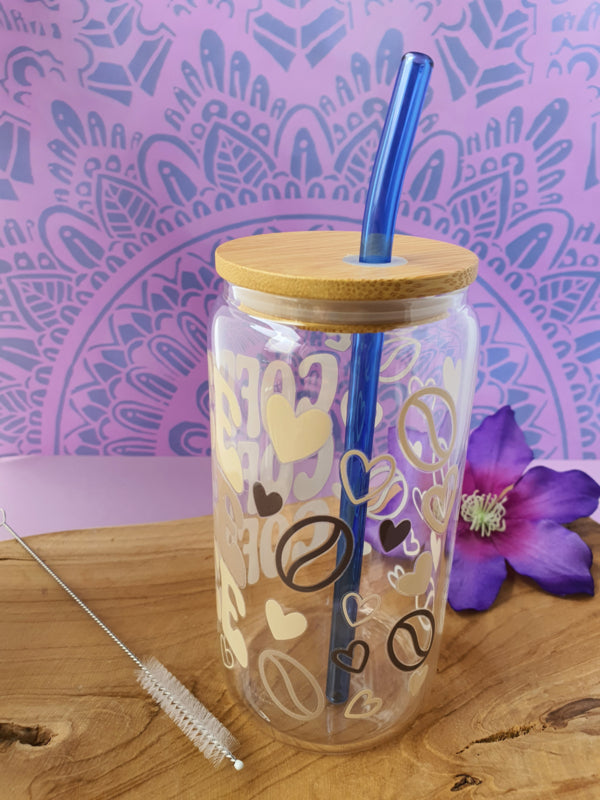 Drinkglas (blikvormige tumbler) met Bamboe deksel en rietje &