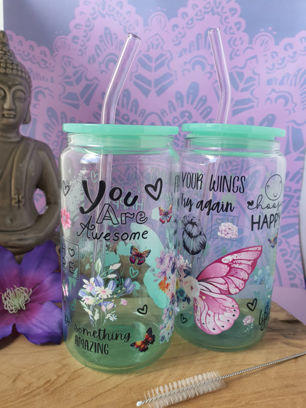 Drinkglas (blikvormige tumbler) met kunststof deksel en rietje &