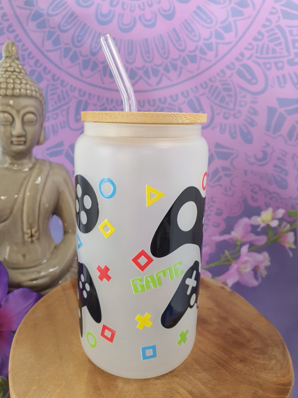 Drinkglas (blikvormige tumbler) met Bamboe deksel en rietje &