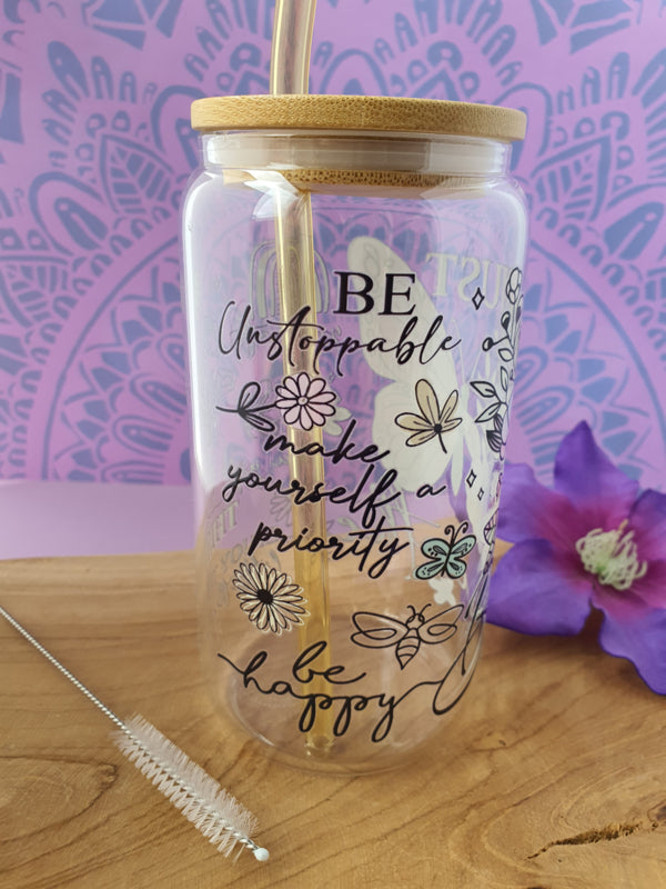 Drinkglas (blikvormige tumbler) met Bamboe deksel en rietje &
