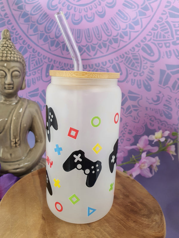 Drinkglas (blikvormige tumbler) met Bamboe deksel en rietje &