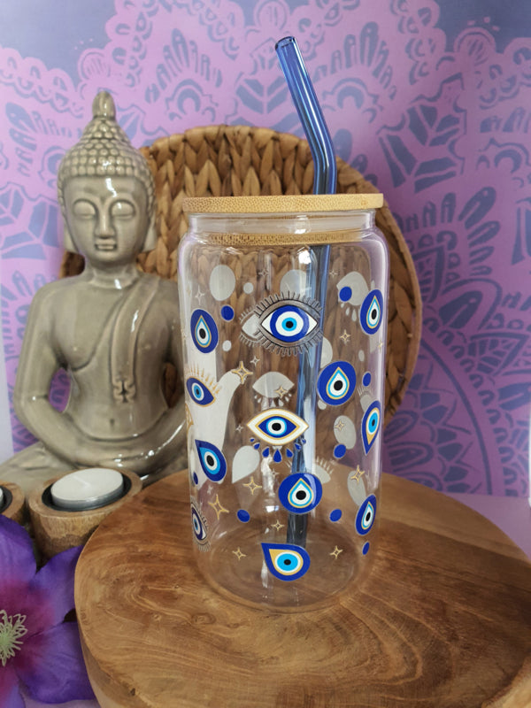 Drinkglas (blikvormige tumbler) met bamboe deksel en rietje &