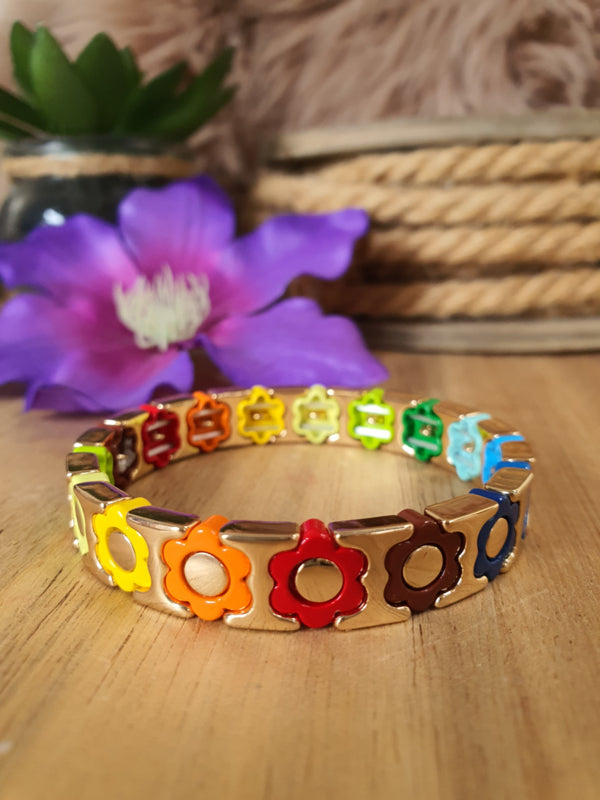 Emaille armband Bloemen Goud/Regenboog (nr 22)