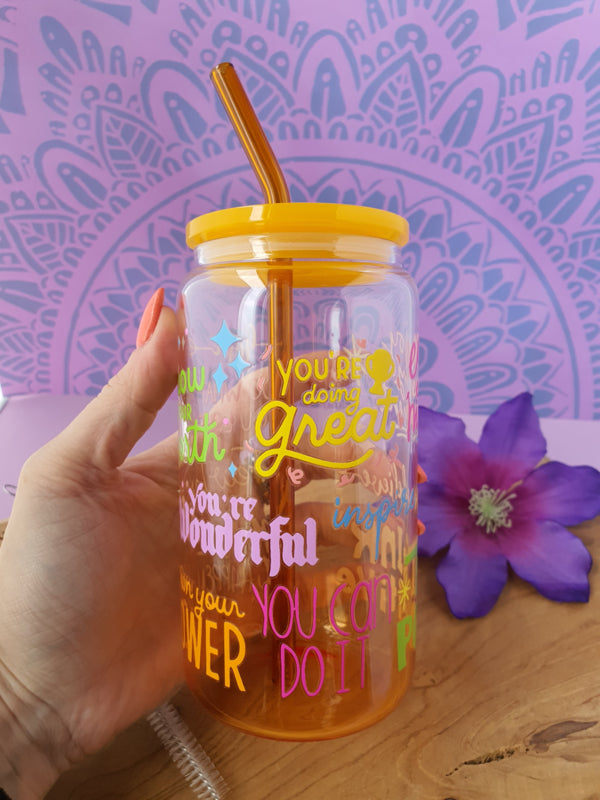 Drinkglas (blikvormige tumbler) met kunststof deksel en rietje &