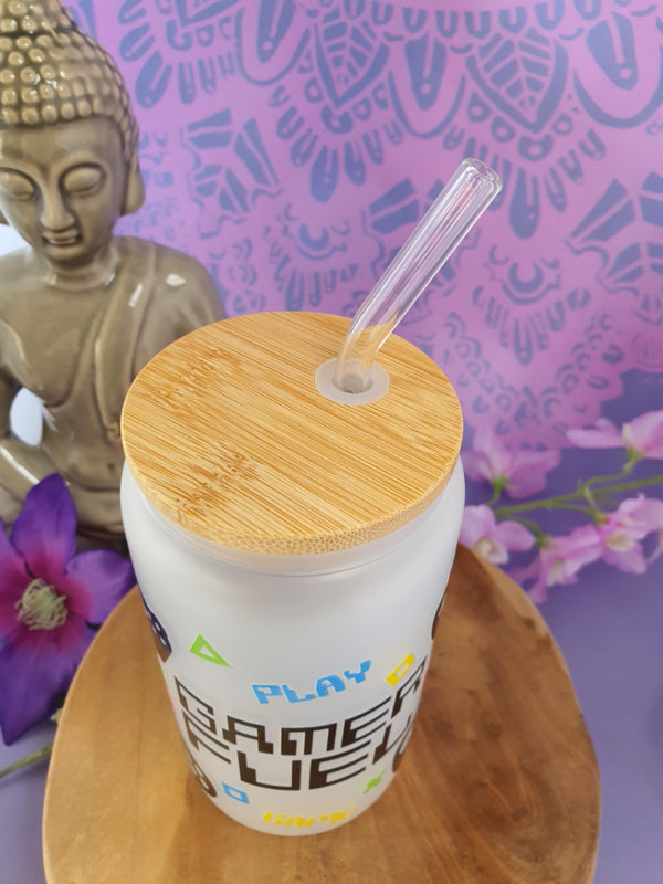 Drinkglas (blikvormige tumbler) met Bamboe deksel en rietje &