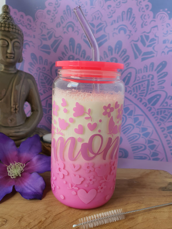 Drinkglas (blikvormige tumbler) met kunststof deksel en rietje &