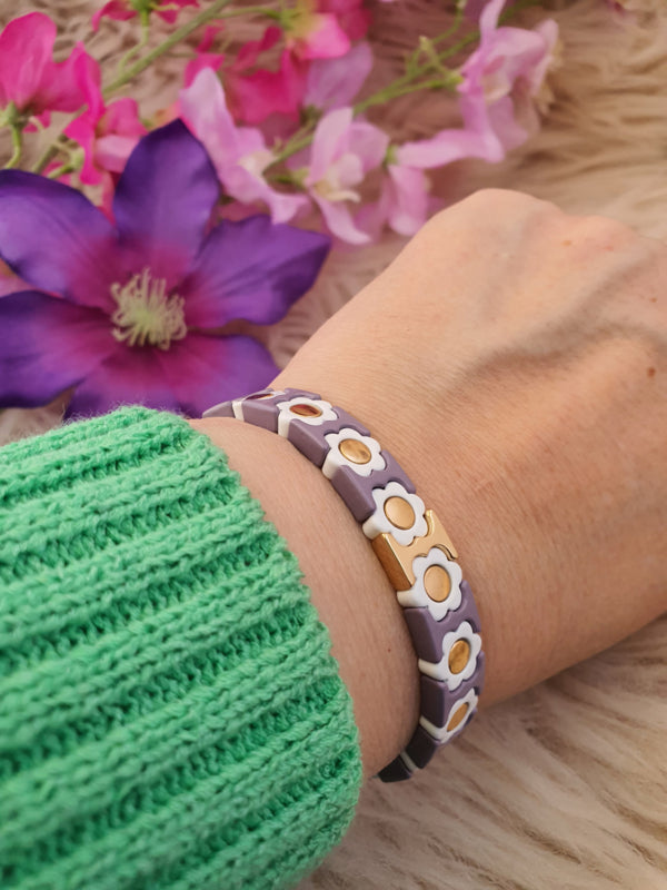 Emaille armband Bloemen paars-grijs/Goud/Wit 17cm (nr 22)