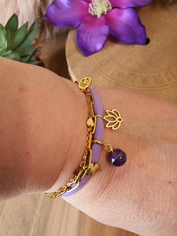 Armband RVS gold met dubbele ketting en 3 bedels