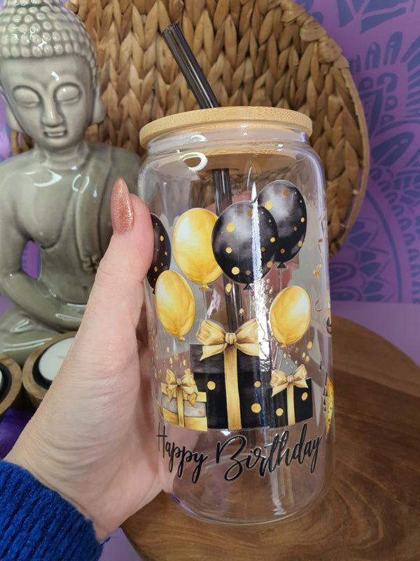 Drinkglas (blikvormige tumbler) met bamboe deksel en rietje &
