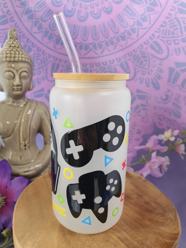 Drinkglas (blikvormige tumbler) met Bamboe deksel en rietje &