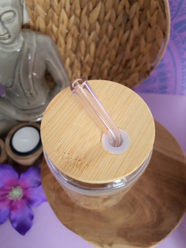 Drinkglas (blikvormige tumbler) met bamboe deksel en rietje &