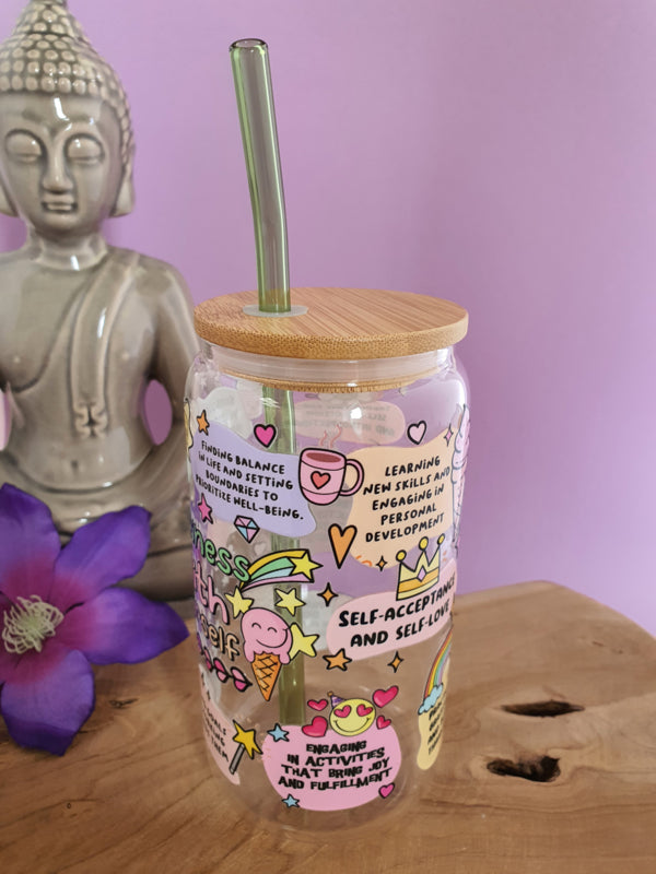 Drinkglas (blikvormige tumbler) met Bamboe deksel en rietje &