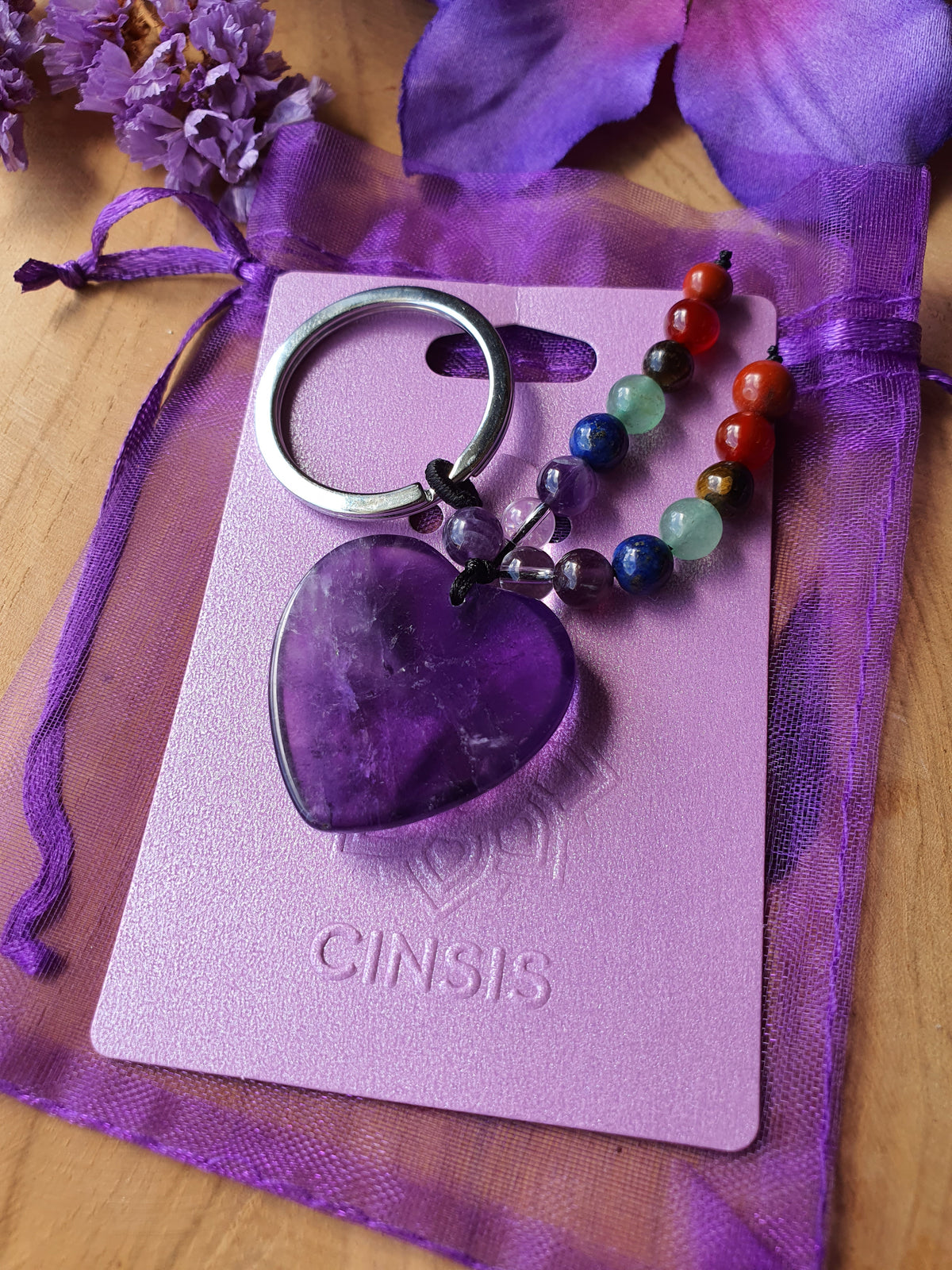 ahterzijde Amethist Hart / 7 chakra sleutelhanger