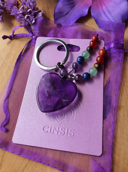 ahterzijde Amethist Hart / 7 chakra sleutelhanger