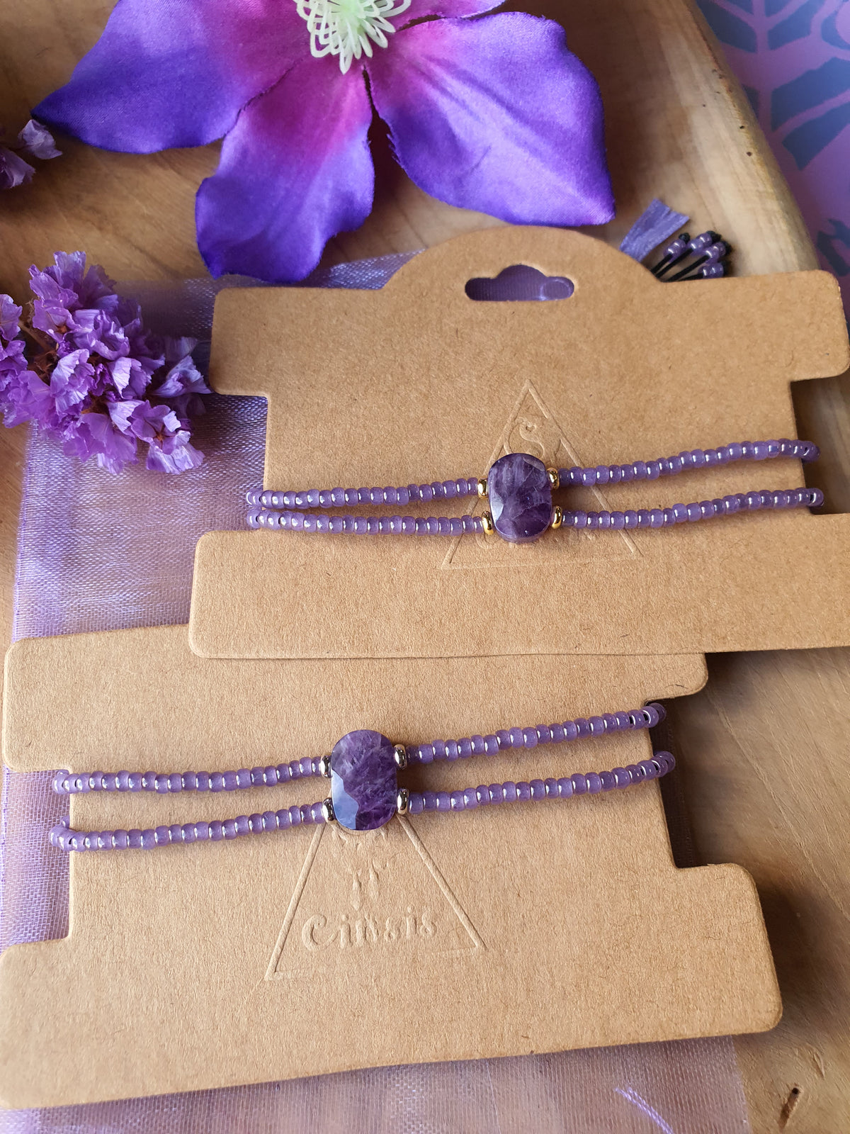 Amethist edelsteen armband handgemaakt met miyuki kralen 