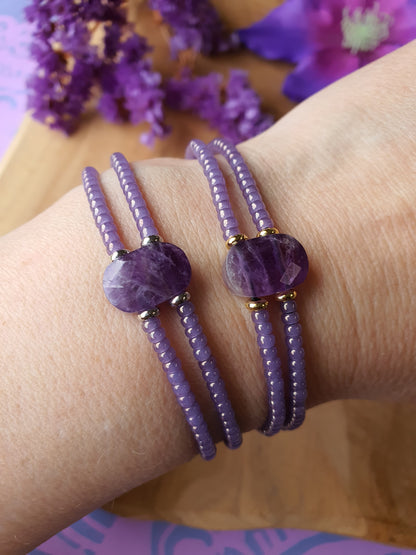 Amethist edelsteen armband handgemaakt met miyuki kralen (103) keuze met rvs zilver of goud adwerking