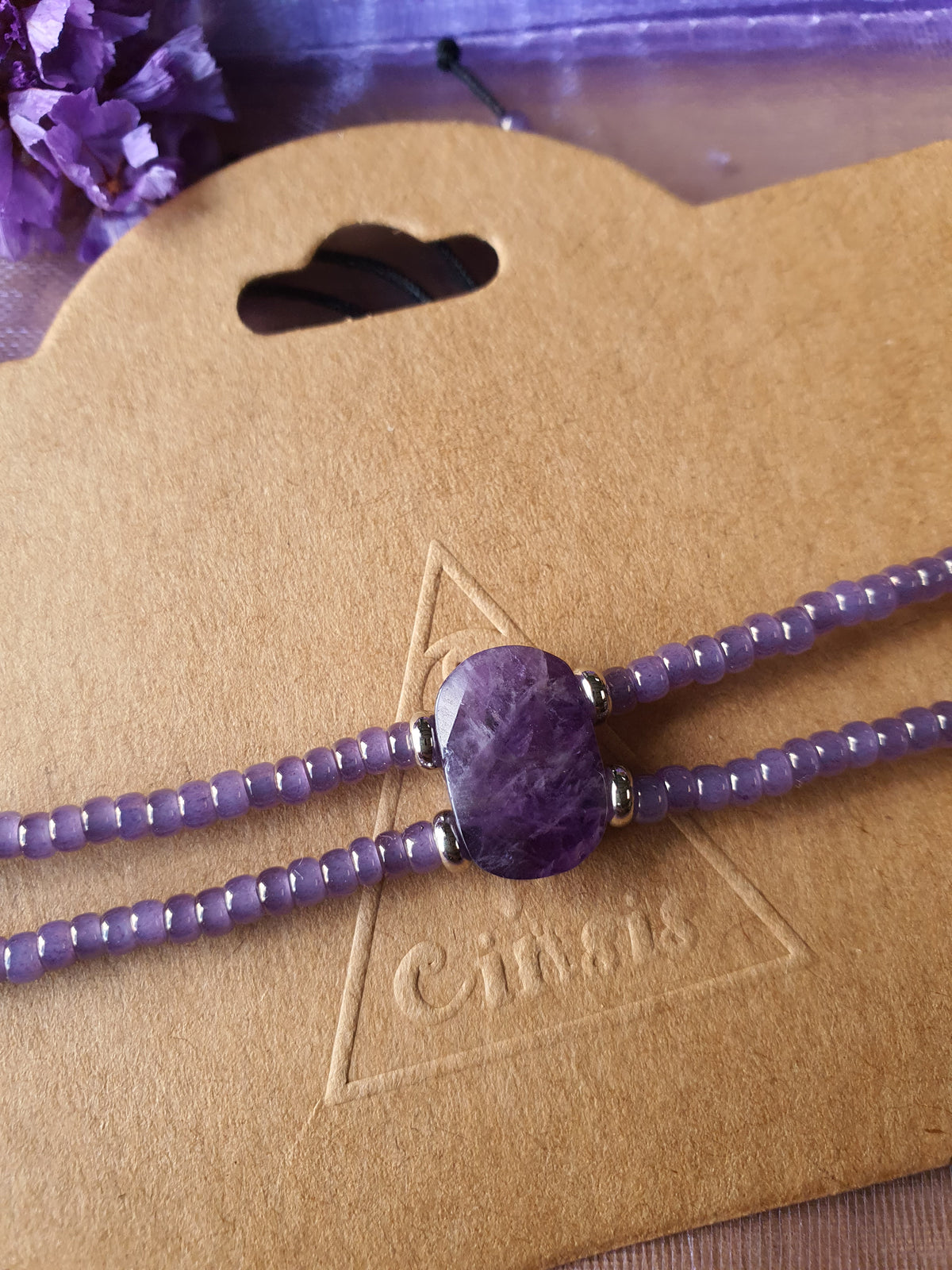 Amethist edelsteen armband handgemaakt met miyuki kralen (103) rvs zilver afwerking