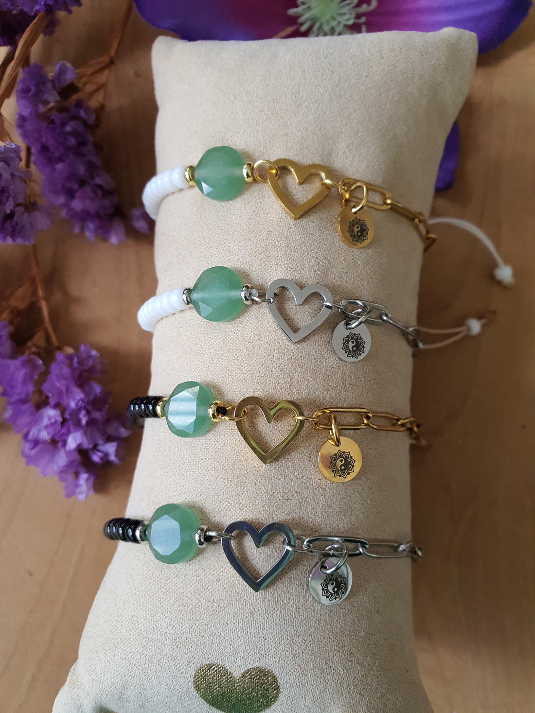 Aventurijn Edelsteen Armband.  met rvs goud of zilver en Miyuki kralen zwart of wit