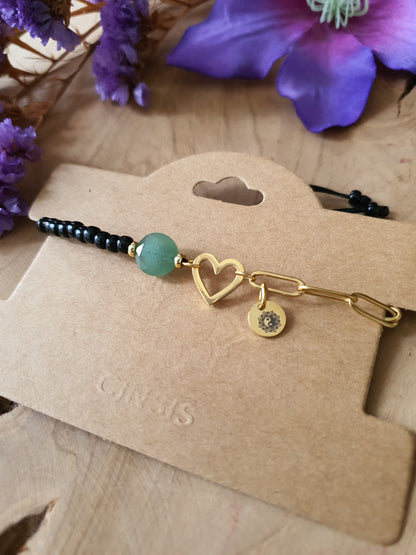 Aventurijn_armband_met_rvs_goud met zwarte miyuki kralen