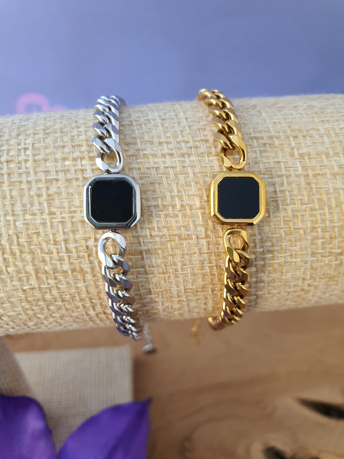 Basis Schakelarmband RVS met Zwart Vierkant vlak