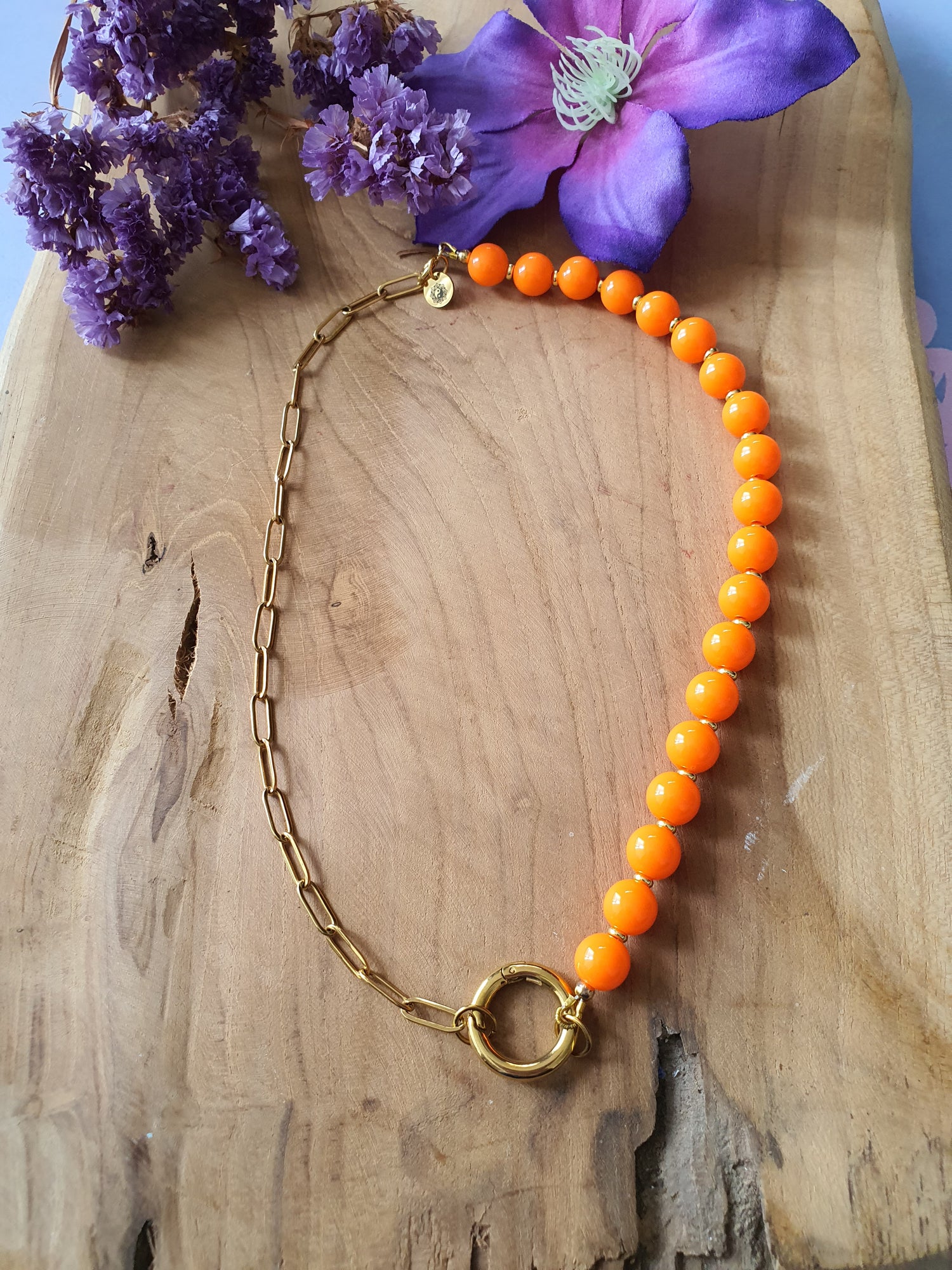 Basisketting Happy Combi rvs goud / oranje kralen