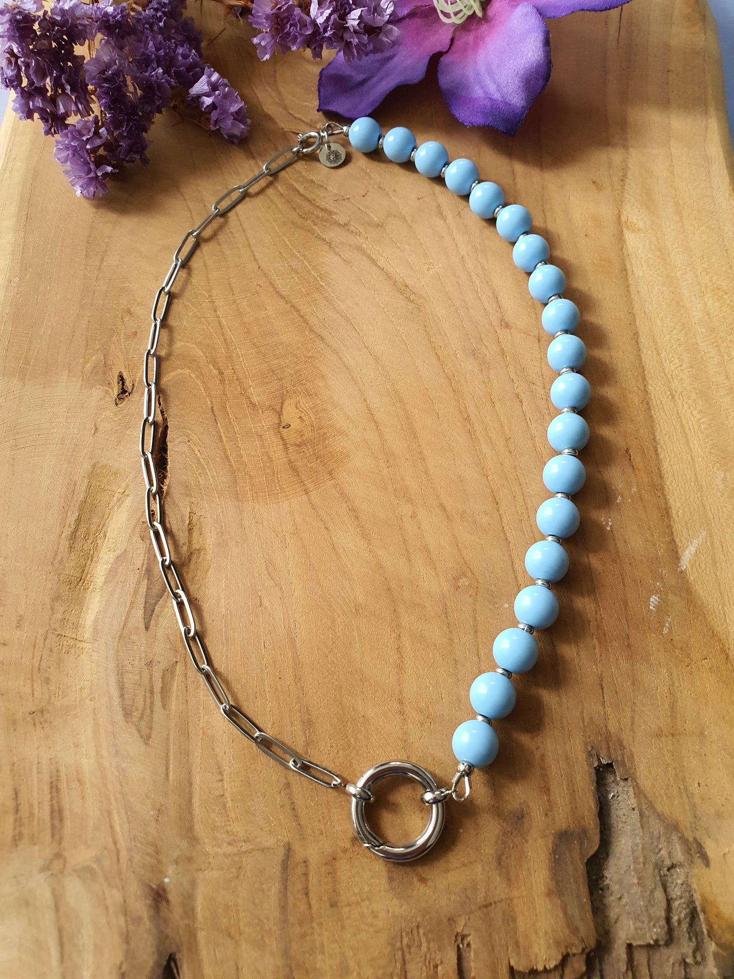 Basisketting Happy Combi rvs zilver / Licht blauw kralen