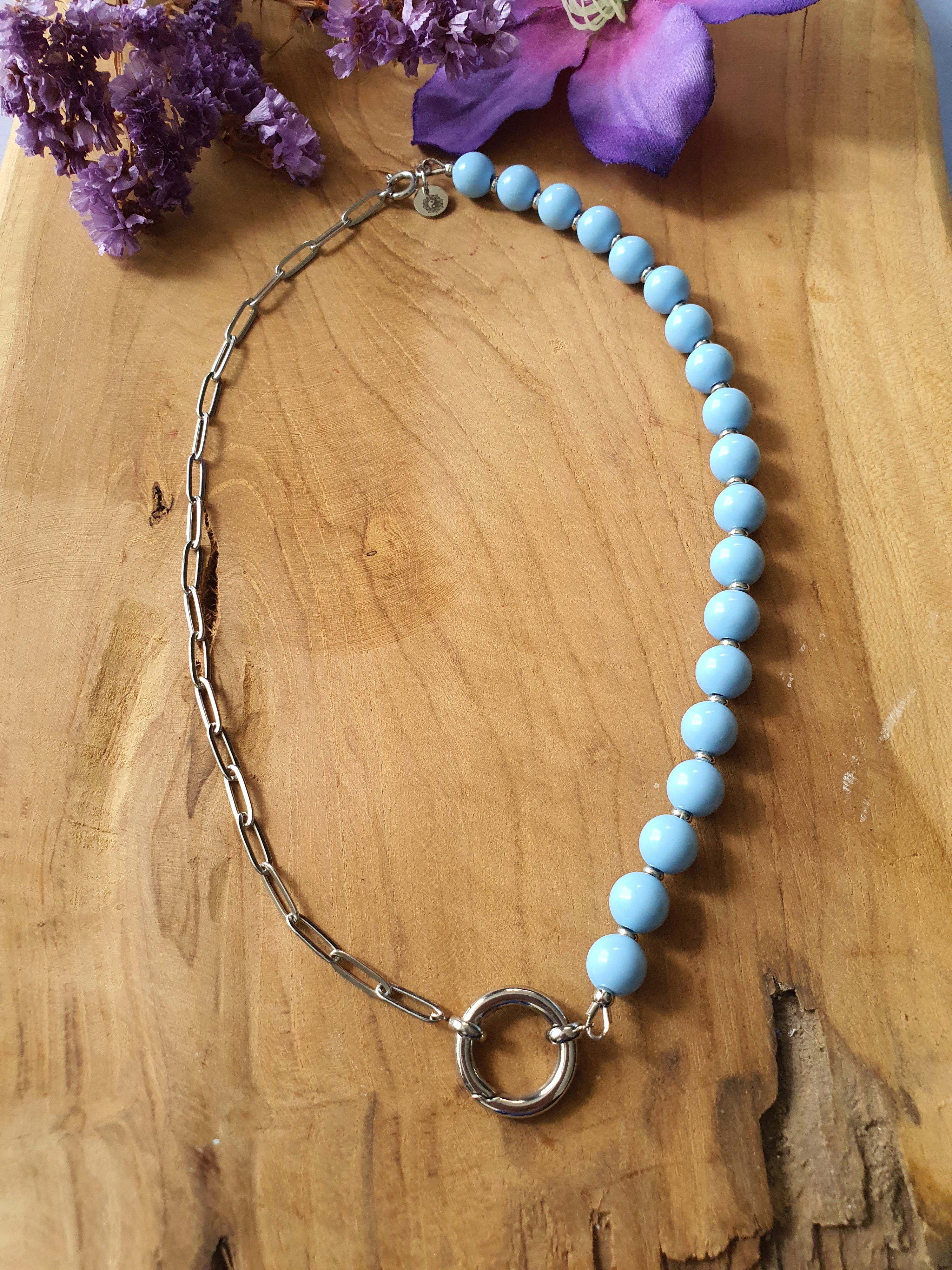 Basisketting Happy Combi rvs zilver / Licht blauw kralen